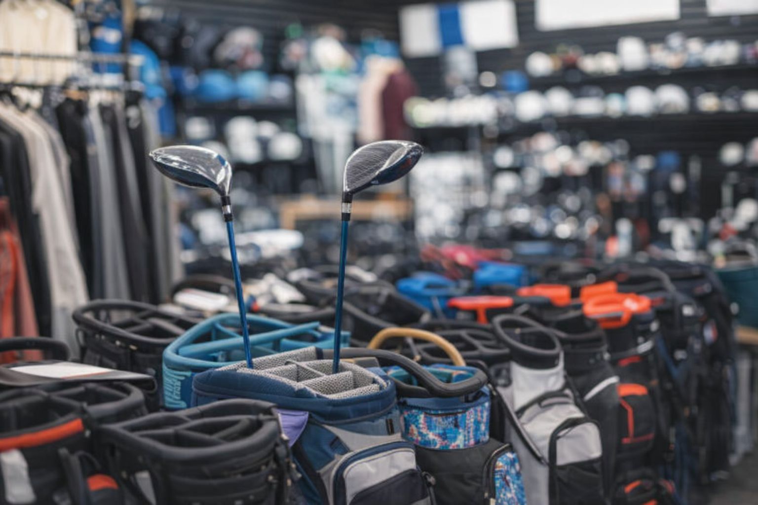Golfklubbor i en golfbag i en välfylld golfbutik.