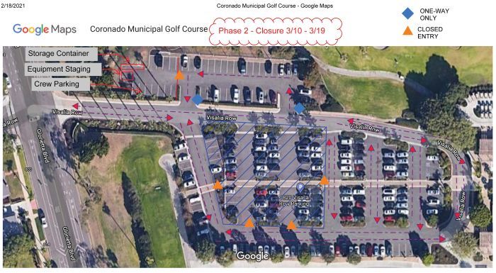 Karta över parkeringsplats vid en golfbana med markerade zoner.