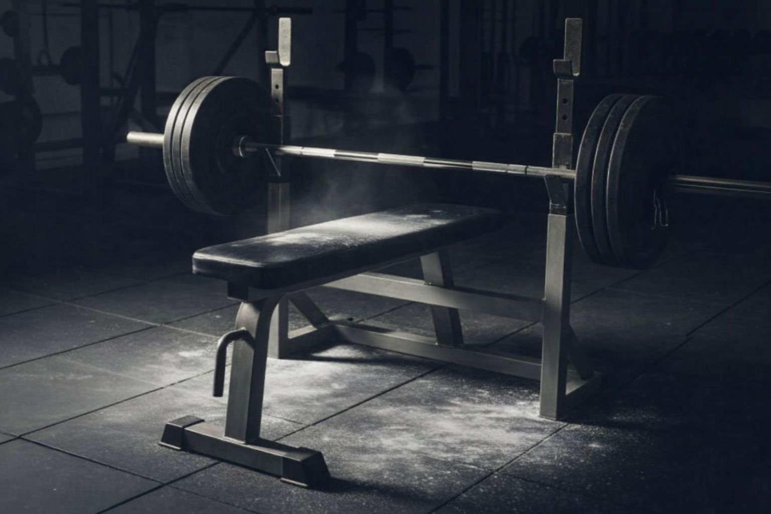 En robust skivstångsställning med tunga vikter i ett hemgym för golfträning.